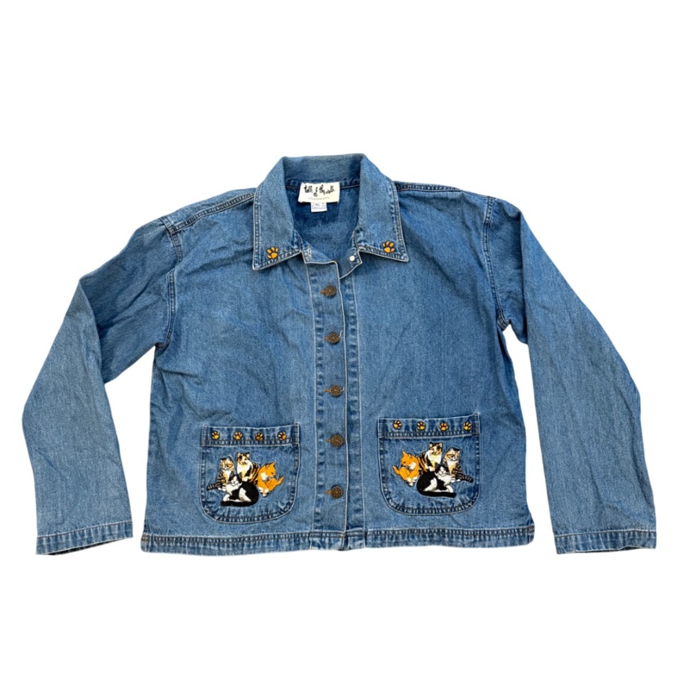 Vintage 90s Talk of the Walk Atlantic City Blue Jean Denim Jacket Cat Embroidery